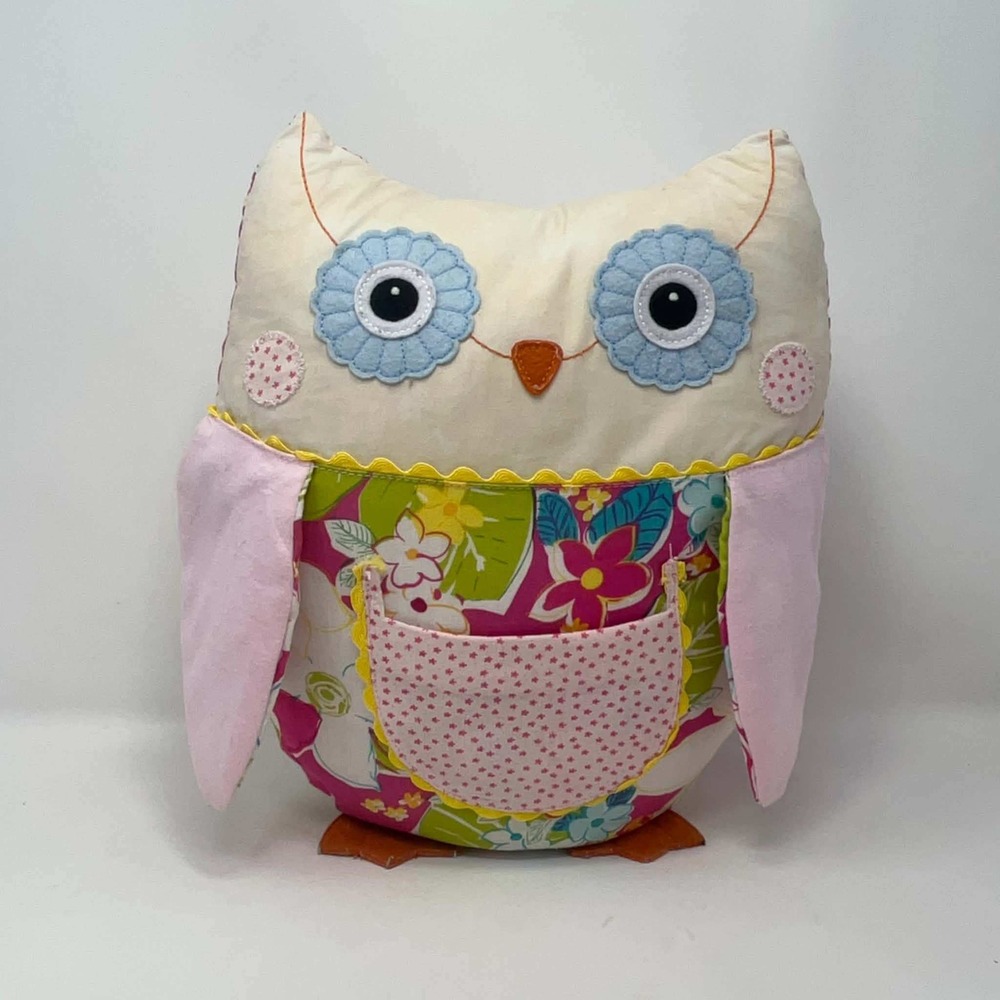 RedEnvelope Patchwork Owl Plush Pillow Floral Applique Stuffed Animal 10" RARE